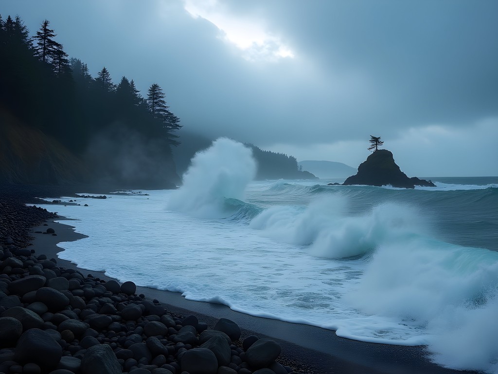Powerful winter storm waves crashing against Tofino's rocky coastline during storm season
