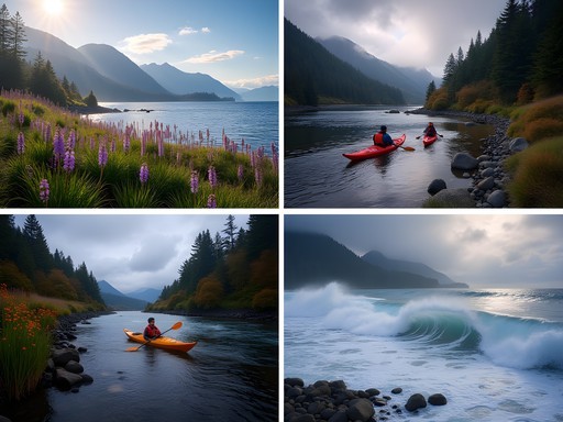 Four-season collage of Vancouver Island outdoor activities showing spring wildflowers, summer kayaking, autumn salmon run, and winter storm watching