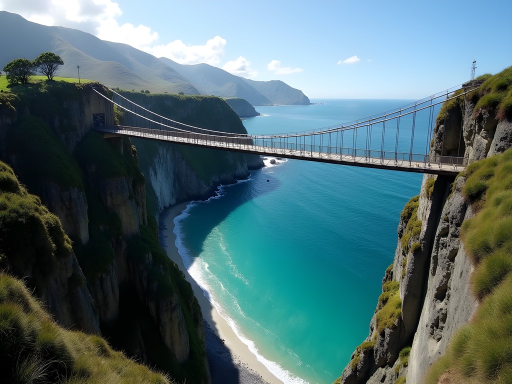 Swing bridge on the Escarpment Track with panoramic views of Kapiti Coast