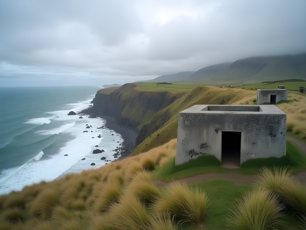 Historic World War II gun emplacements overlooking the rugged Makara coastline