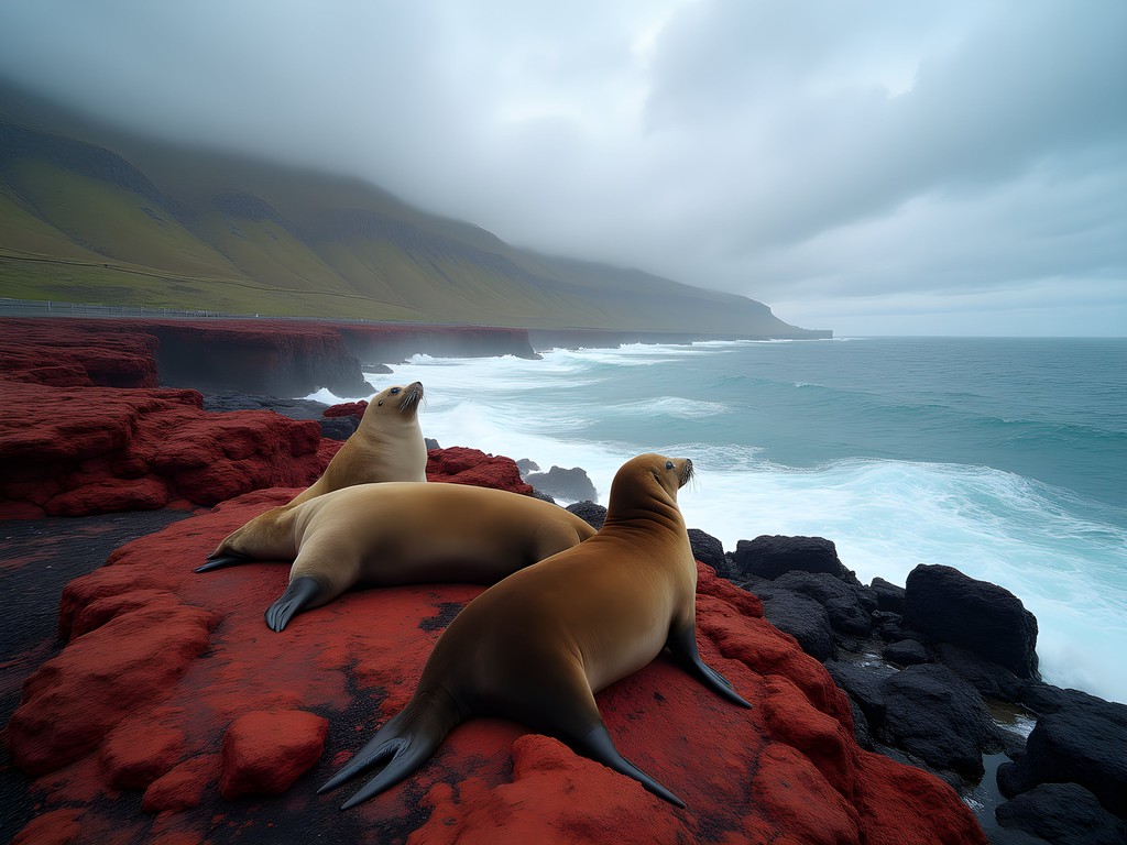 New Zealand fur seals lounging on red volcanic rocks along Wellington's coast