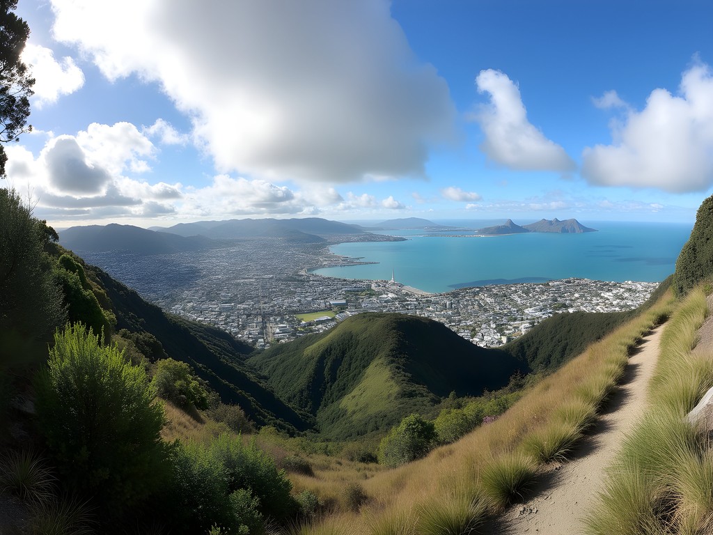 Panoramic view from Southern Walkway showing Wellington city transitioning to wild coastline