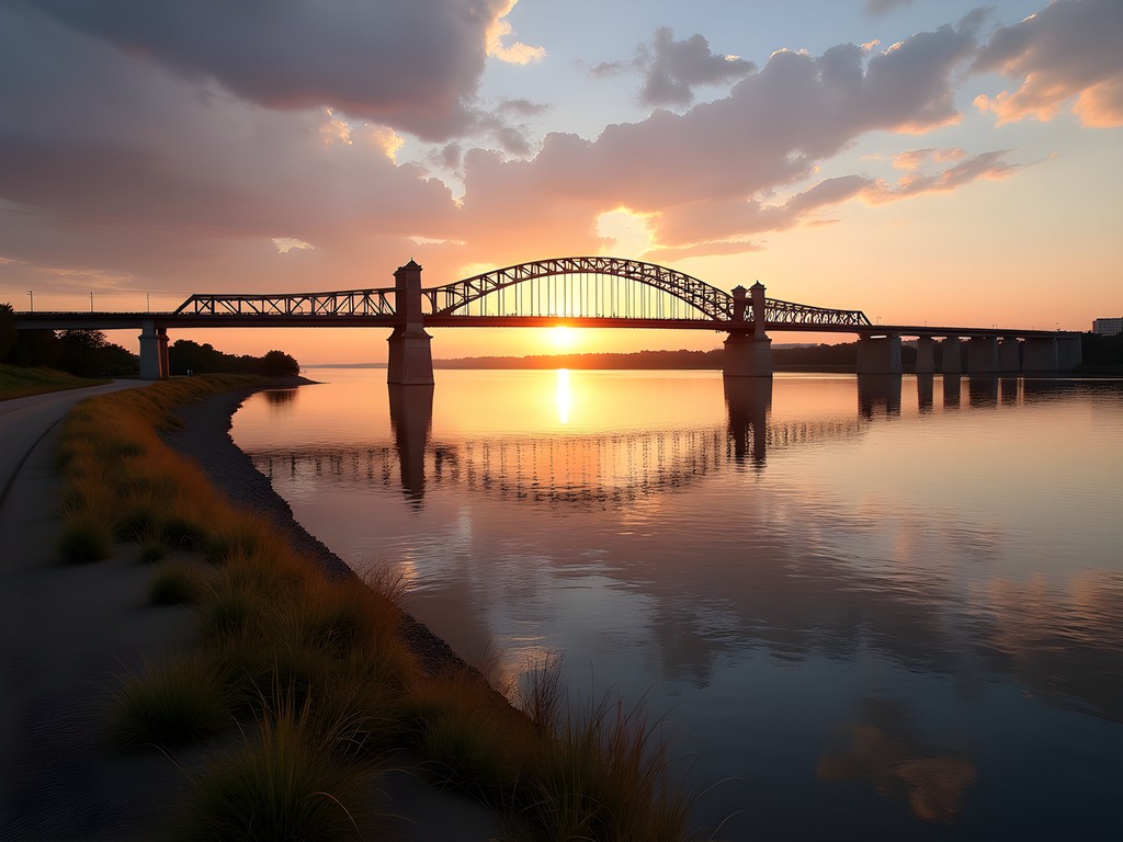 Sunrise view of historic Meridian Bridge spanning the Missouri River in Yankton