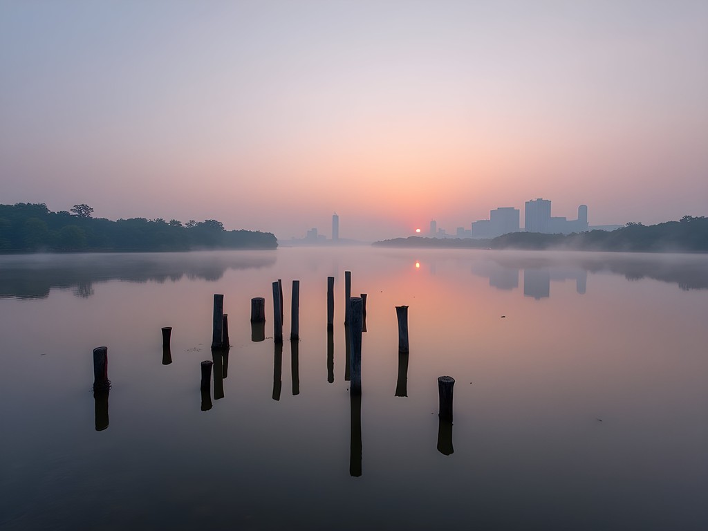 Hudson River sunrise reflections at Corning Preserve with Albany skyline in background