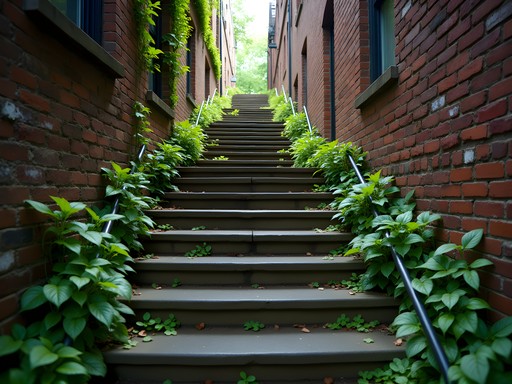 Historic stone staircase on Lark Street Albany with spring ivy and urban atmosphere