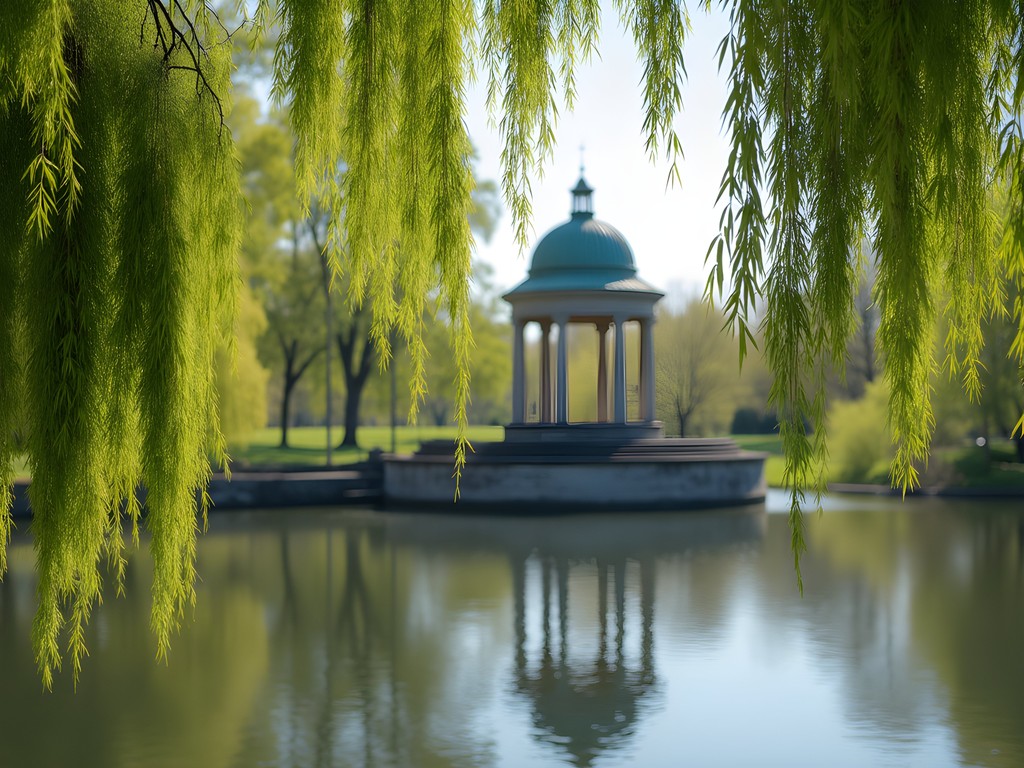 Weeping willow branches framing lake and pavilion at Washington Park Albany in spring