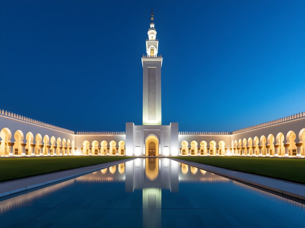 Great Mosque of Algiers illuminated at blue hour with reflection