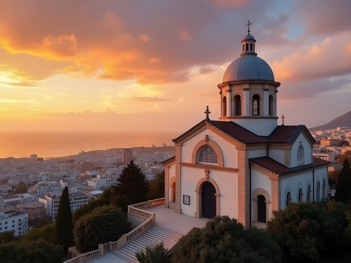 Notre Dame d'Afrique basilica in Algiers at golden hour with Mediterranean view