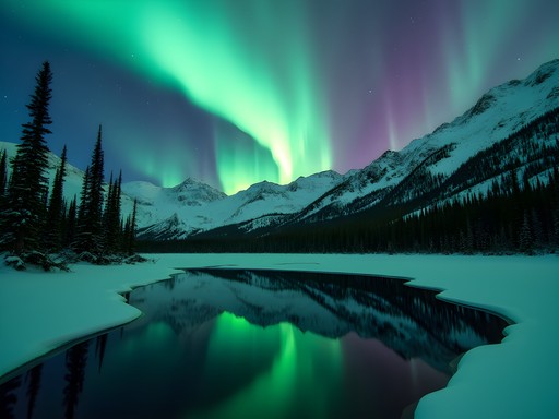Northern lights over Hatcher Pass Alaska with snow-covered mountains and alpine landscape