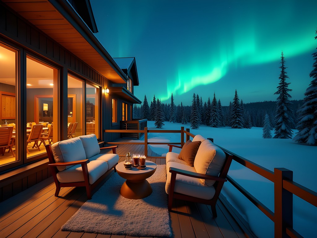 Luxury wilderness lodge with private aurora viewing deck and comfortable seating