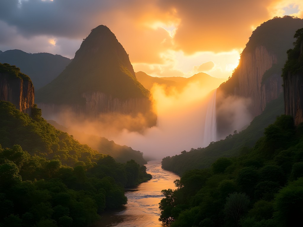 Angel Falls bathed in golden morning light with dramatic clouds