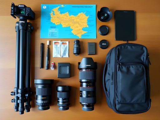 Essential photography equipment laid out for Angel Falls expedition