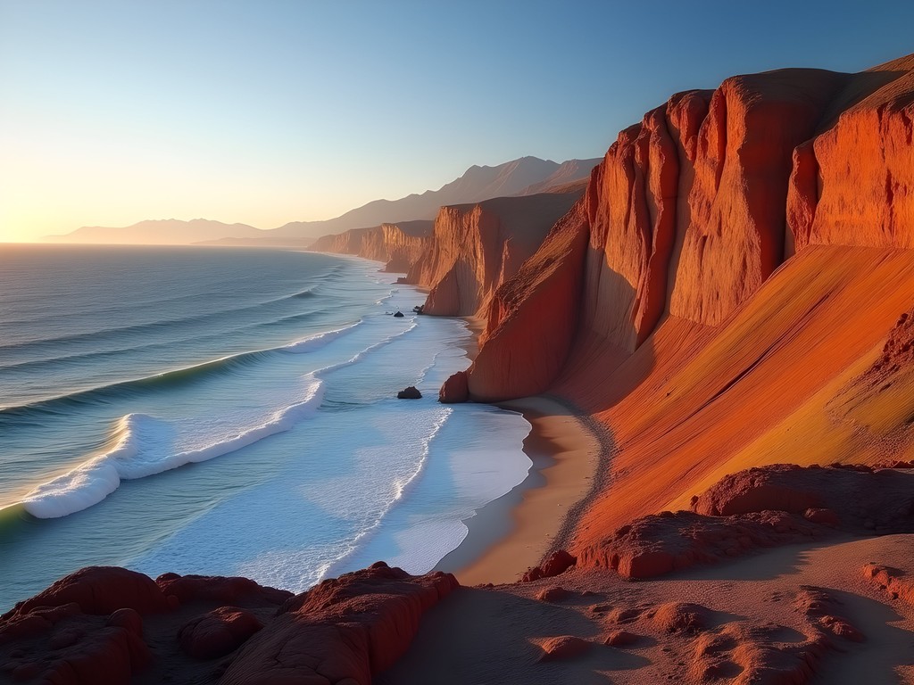Golden hour light illuminating red desert formations against Pacific Ocean in Antofagasta