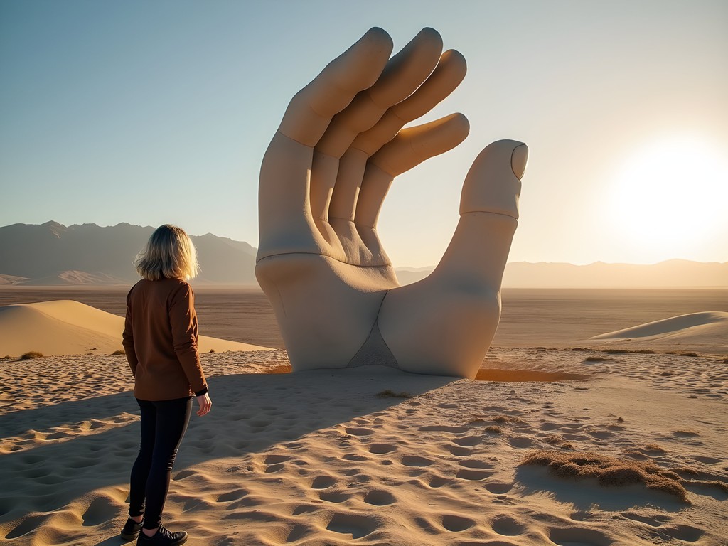 Woman standing near Hand of the Desert sculpture at sunrise in Atacama Desert