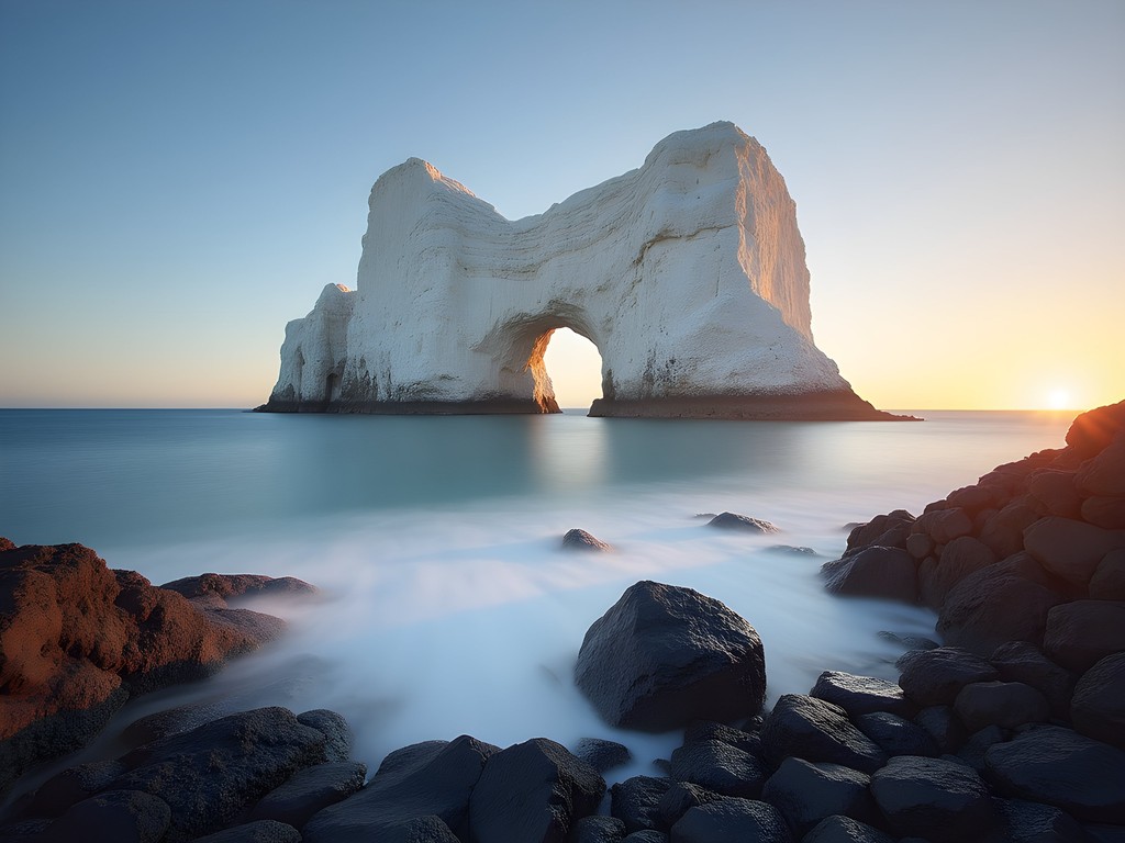 La Portada natural arch at sunrise with smooth water from long exposure