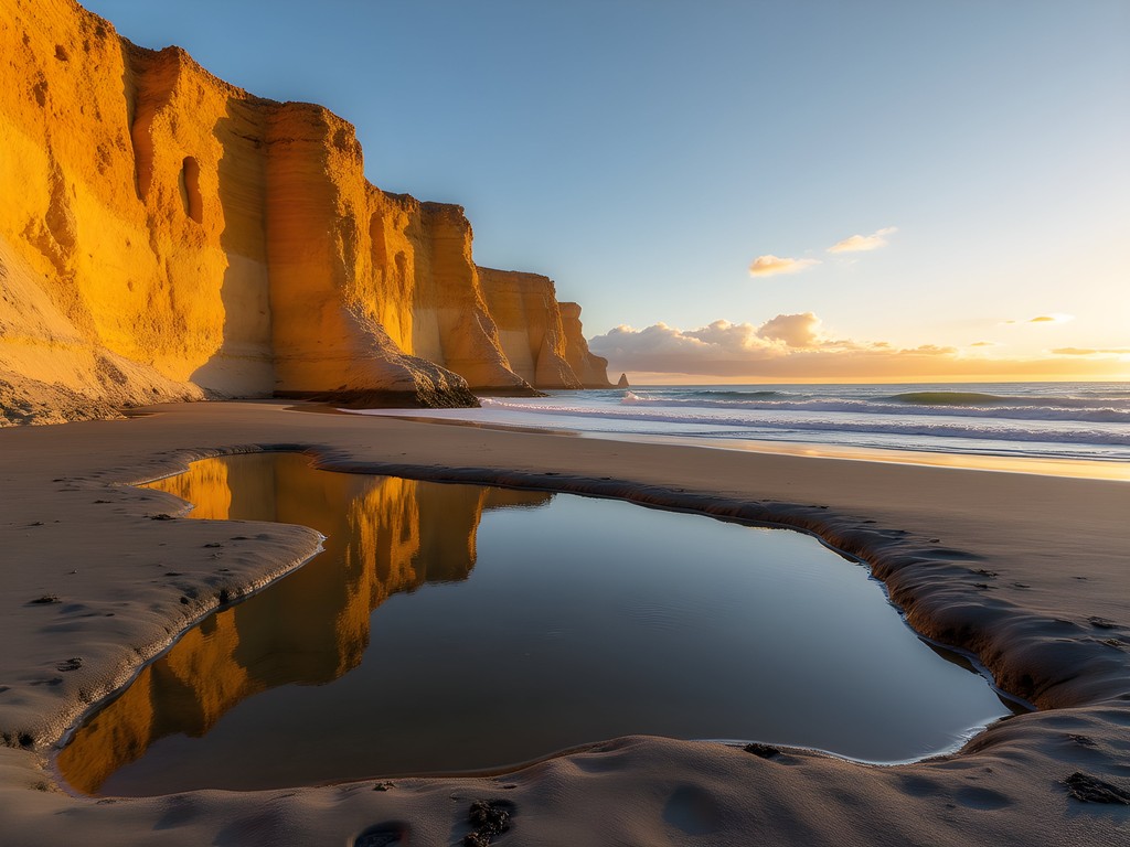 Sunset at Playa Amarilla with golden light on yellow limestone cliffs reflected in tidal pools