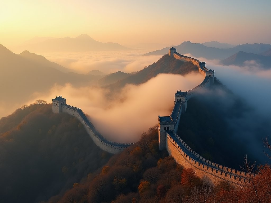 Great Wall at Badaling emerging from morning mist with dramatic lighting