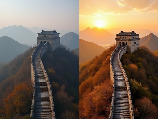 Before and after post-processing comparison of Great Wall photography showing subtle enhancements