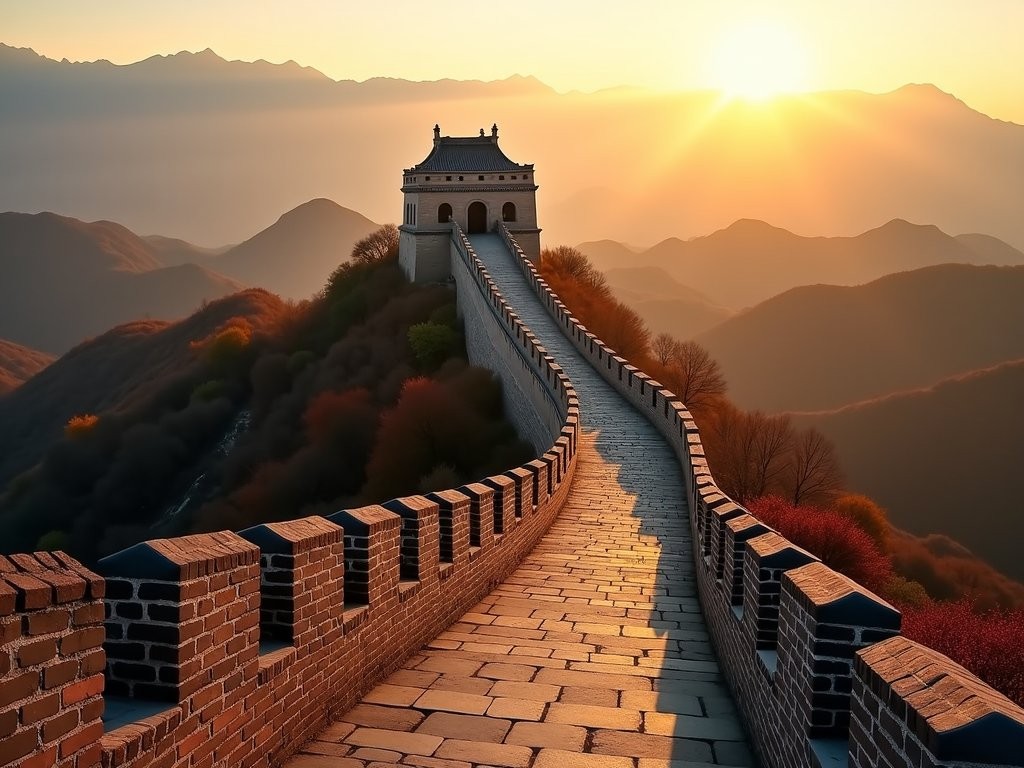 Empty Badaling Great Wall section at sunrise with golden light and autumn foliage