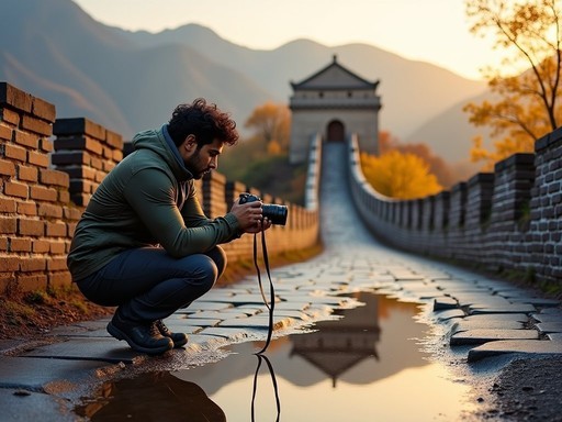 Photographer capturing reflection of Great Wall in small puddle after rainfall