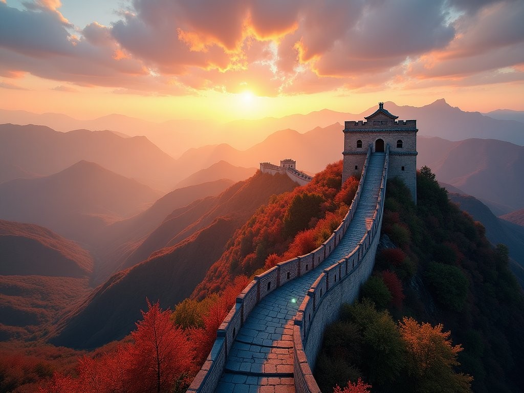 Panoramic view from North 8th Tower at Badaling during sunrise with golden light on the Great Wall