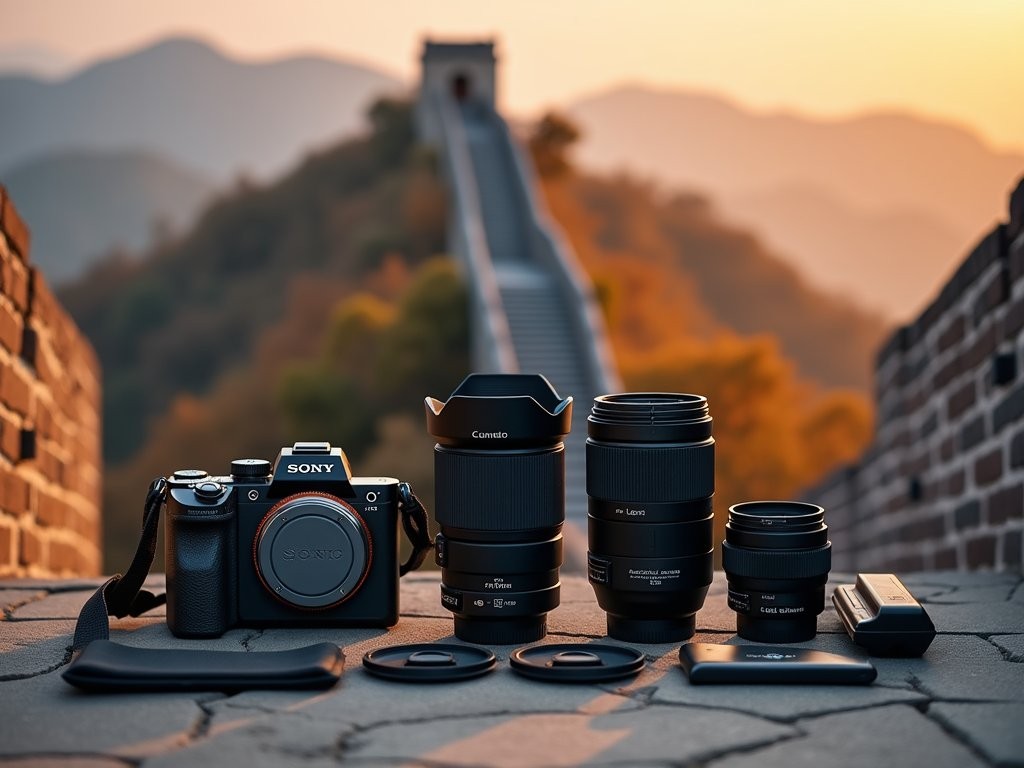 Photography gear laid out on stone surface of Great Wall with dramatic landscape in background