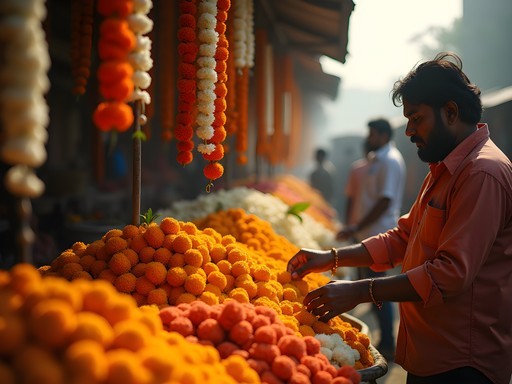 Vibrant flower market in Bangalore at dawn with vendors arranging colorful marigold and jasmine garlands