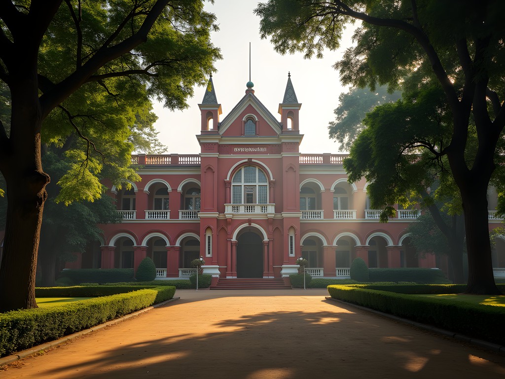 Bangalore High Court building in dramatic morning light with lush greenery framing the Gothic architecture