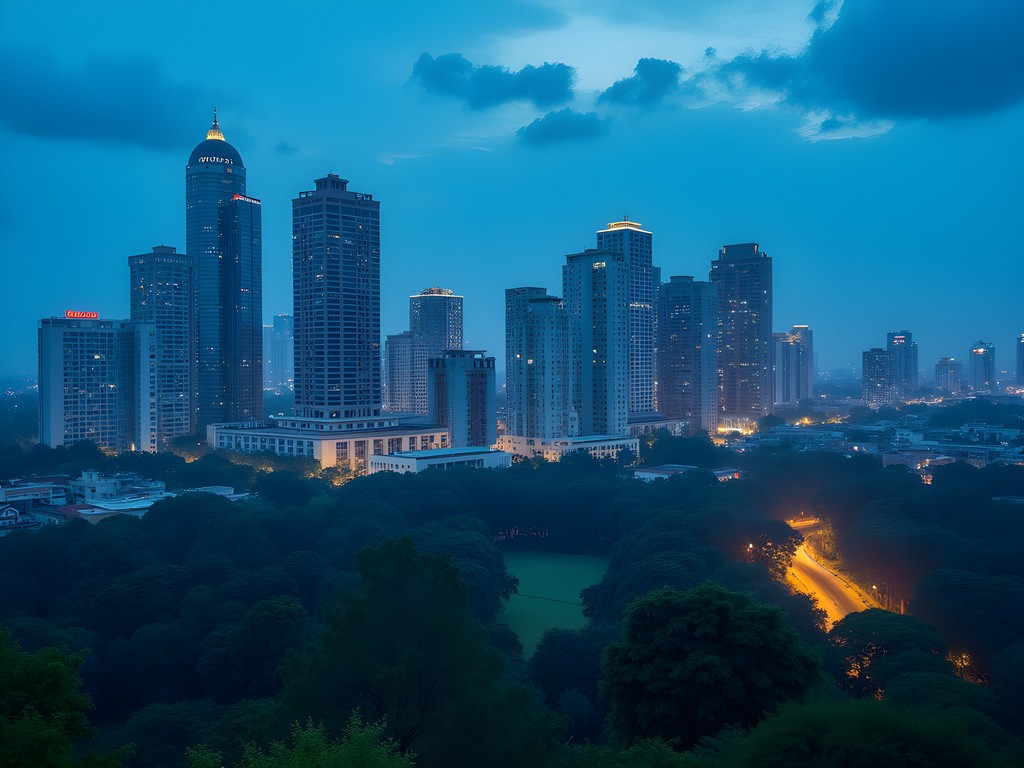 Bangalore city skyline at blue hour showing modern architecture with traditional elements and lush greenery