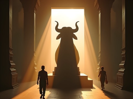 Dramatic light rays illuminating the massive Nandi bull sculpture in Bangalore's historic Bull Temple