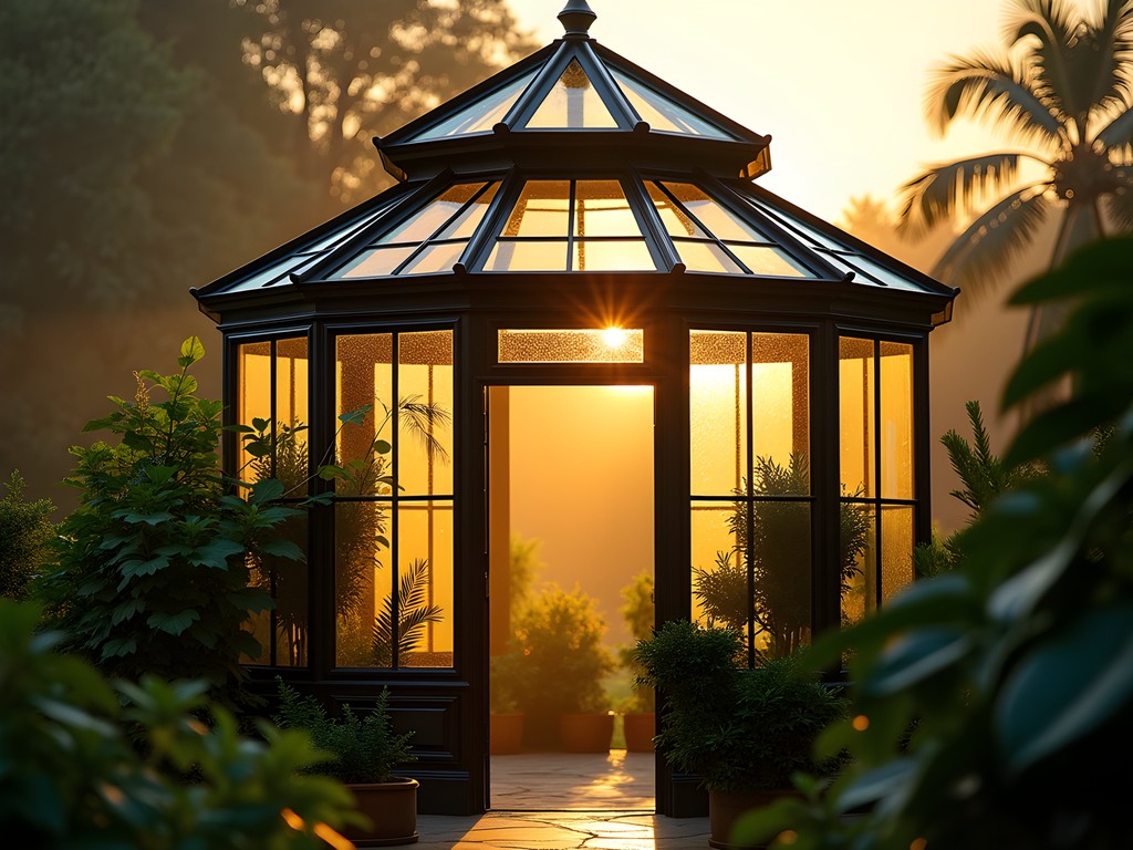 Historic glass house at Lalbagh Botanical Gardens illuminated by golden sunrise light in Bangalore
