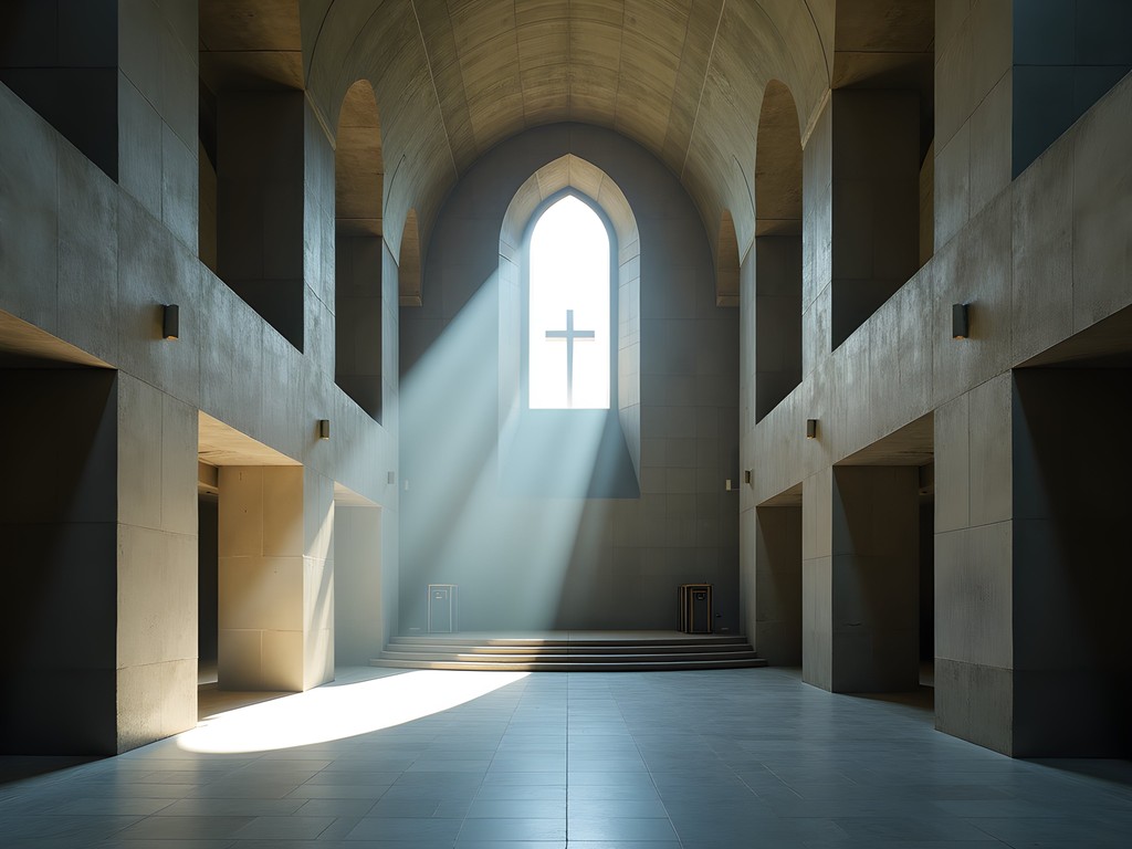 Interior of Barquisimeto Cathedral showing dramatic light beams through geometric windows illuminating modernist architecture