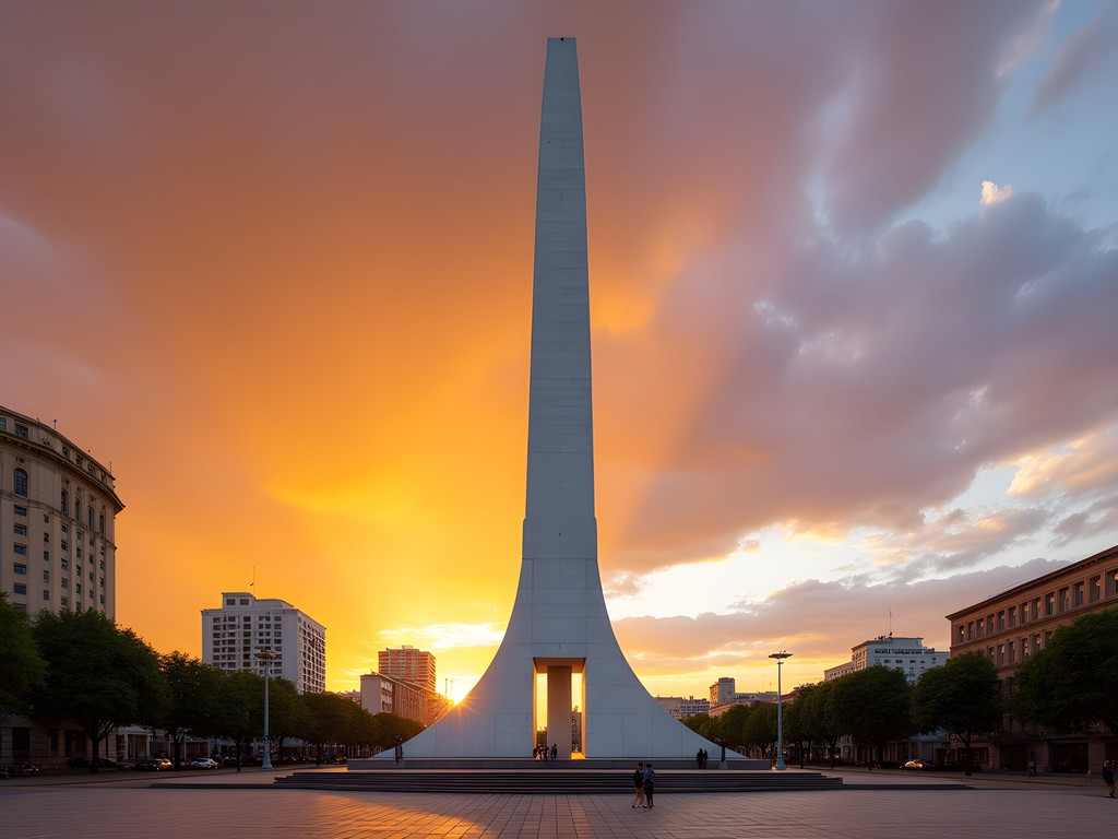 The Obelisco monument in Barquisimeto silhouetted against a dramatic orange and purple sunset sky