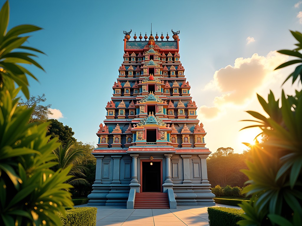 Hindu temple in Beau Bassin at sunrise with golden light illuminating colorful sculptures