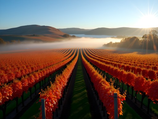 Saint-Émilion vineyards with autumn foliage and morning mist