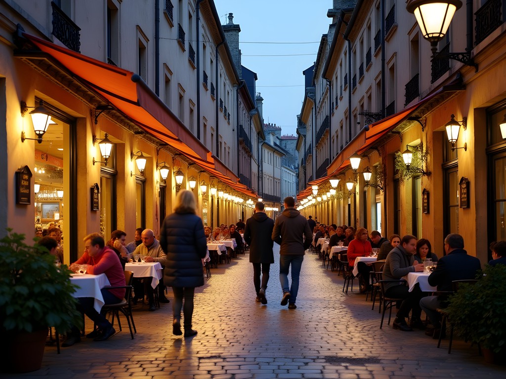 Evening street scene in Saint-Pierre district with café culture and historic architecture