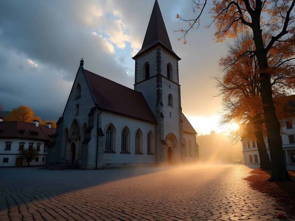 The Black Church in Brasov at sunrise with golden light illuminating Gothic architecture