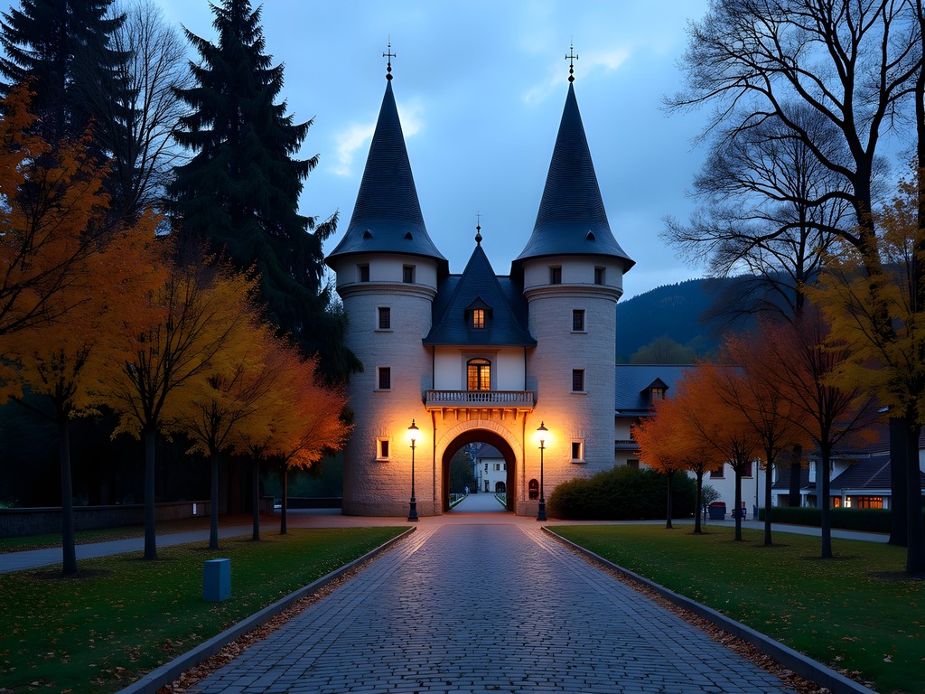 Catherine's Gate in Brasov illuminated at twilight with autumn colors