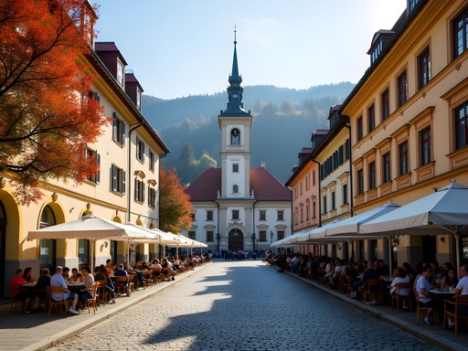 Brasov Council Square with fall foliage and colorful baroque buildings in golden hour light