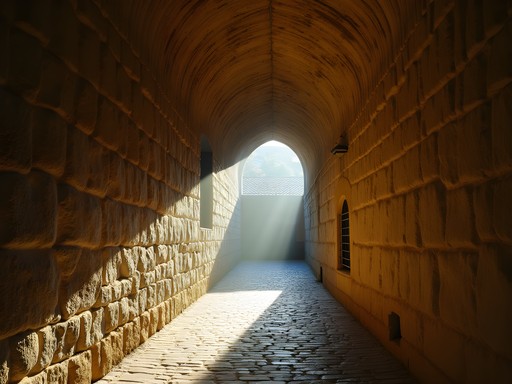 Light and shadow patterns in Brasov's narrow Rope Street with medieval walls