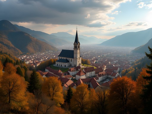 Panoramic view of Brasov from Tampa Mountain with autumn foliage and dramatic clouds
