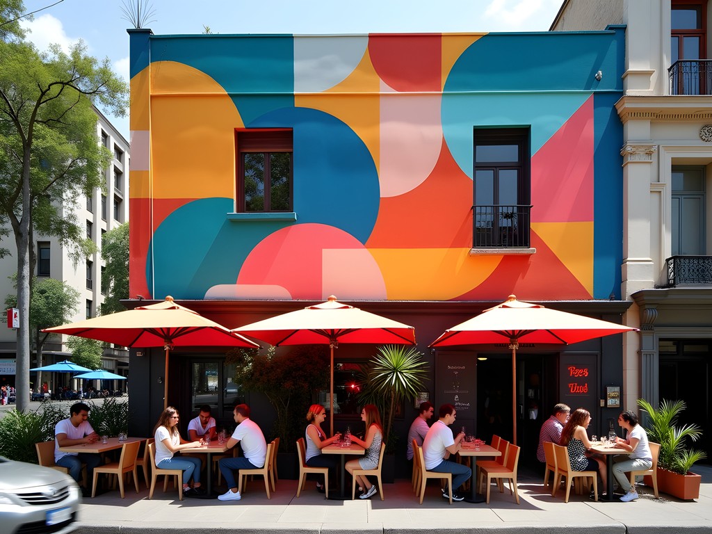 Colorful street art mural in Palermo Soho with stylish café in foreground
