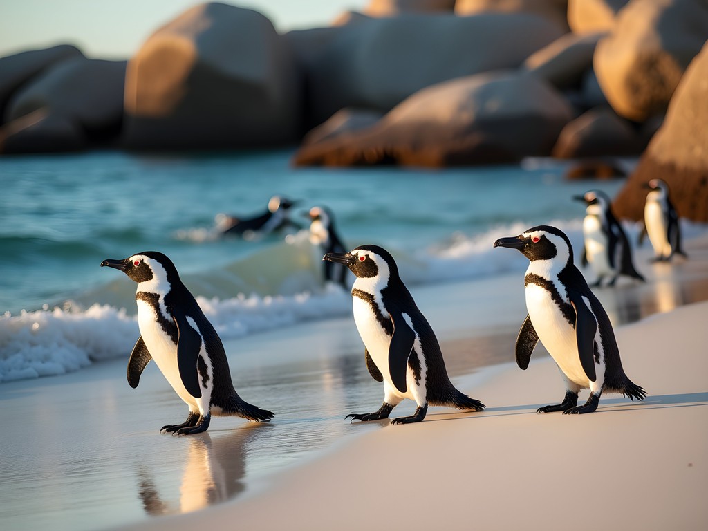 African penguins on Boulders Beach with granite boulders and ocean at golden hour