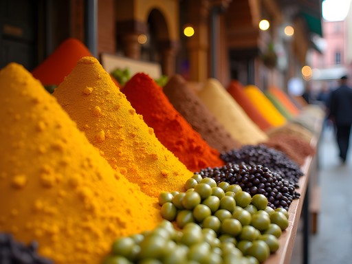 Vibrant spice and olive displays at Casablanca Central Market