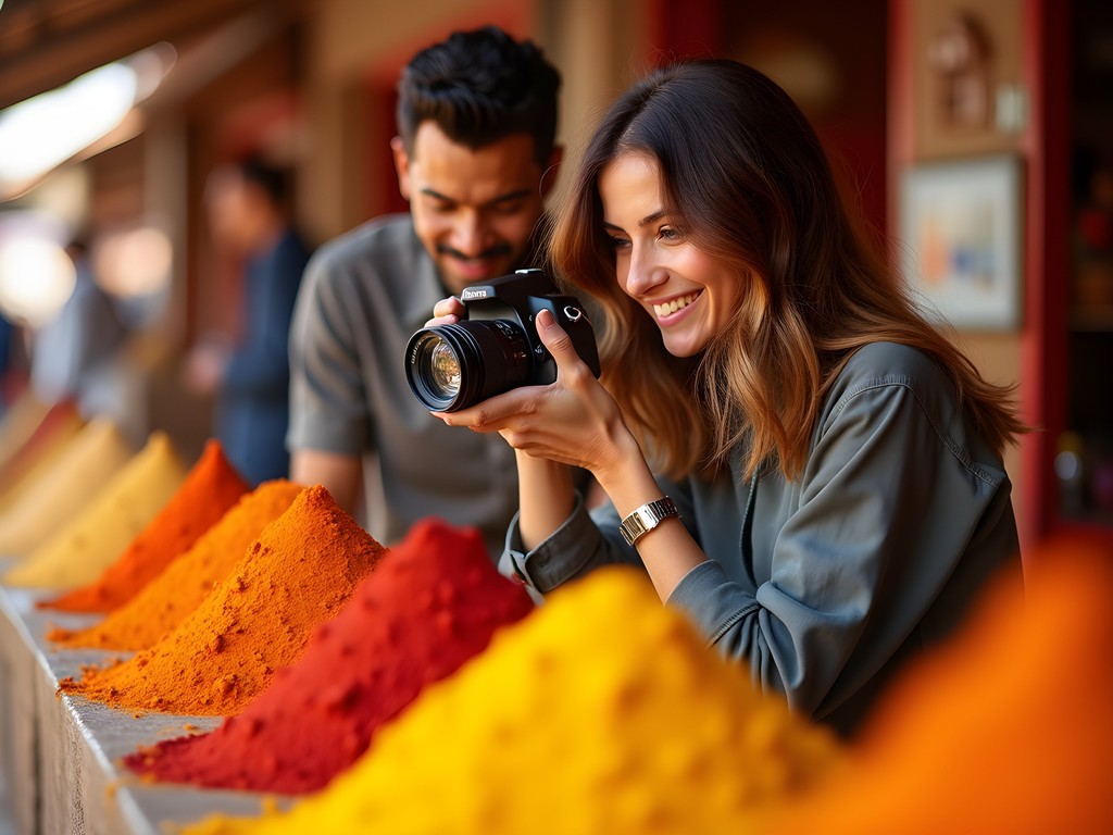 Travel blogger photographing colorful spice displays in Casablanca market