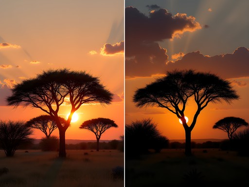 Before and after post-processing comparison of Kalahari landscape photograph