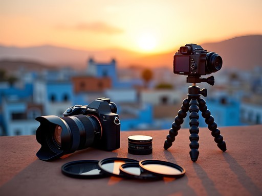 Photographer with camera gear on Chefchaouen rooftop overlooking blue cityscape