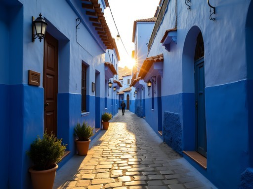 Female photographer capturing early morning light in empty blue alleyway in Chefchaouen