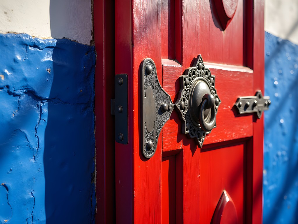 Vibrant red wooden door with ornate knocker against blue wall in Chefchaouen