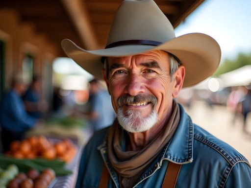 Environmental portrait of local vendor at Cheyenne Farmers Market with morning light